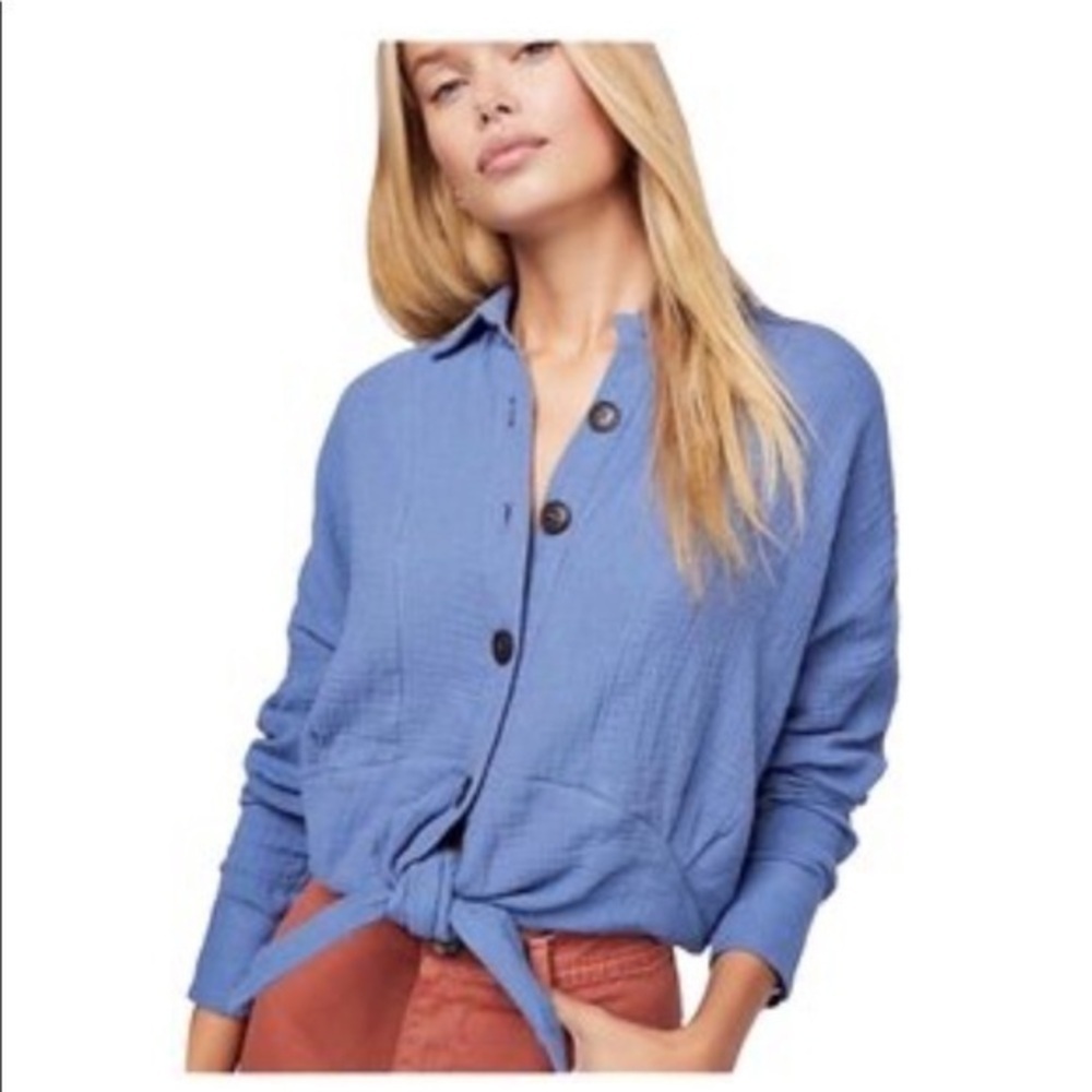 Free People button down with front tie long sleeve blue top